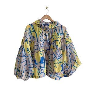 Kate Hewko Jacket Lightweight Zipper Hooded Blue Yellow Tan Women's S Semi-Sheer